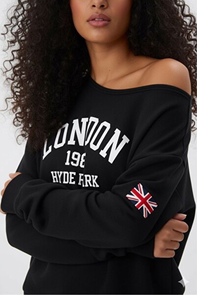 Keywest Γυναικείο φούτερ με μονό ώμο με λαιμόκοψη London Print New Season Oversize