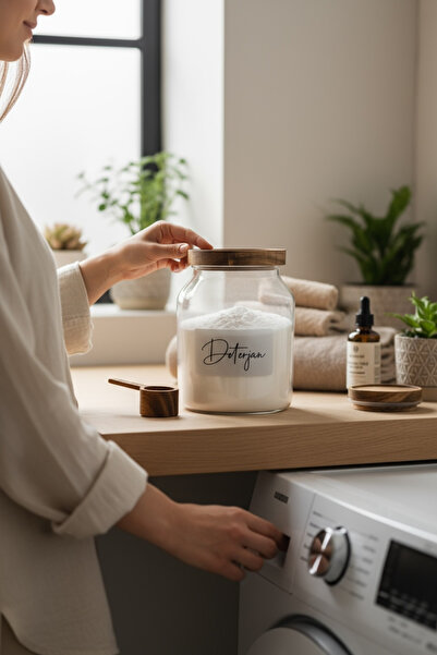 zezedesing Borcan pentru detergent cu capac din salcâm cu lingură de vid 3000ML