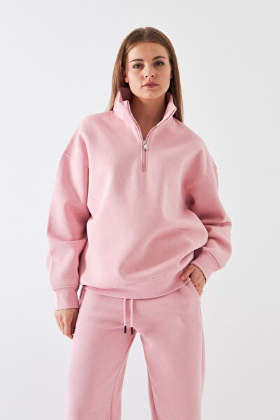 GIA - ART Unisex Oversize Sweatshirt Basic Pink – Half Zipper Stand Collar, 3 Thread Fleece