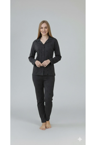 FAMES PİJAMA Women's Long Sleeve Buttoned Combed Cotton Pajama Set