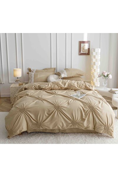 JOJO HOME Lenjeri De Pat, 6 Piese, Inimi Brodate, Finet Premium, Bej