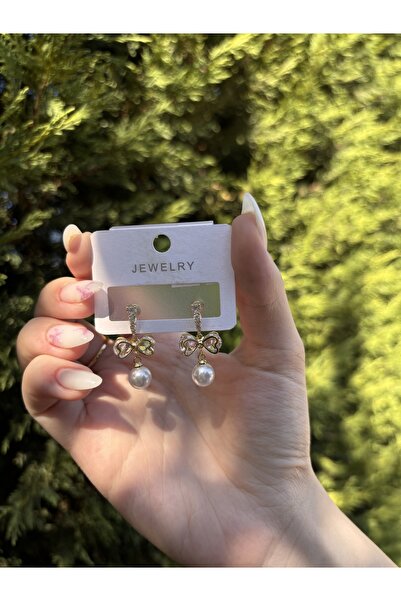 Tasarım Taşlı Sarkan Fiyonk İnci Detaylı Çivili Çelik Gümüş