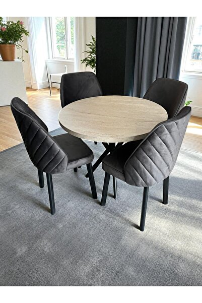 loretto 4 KİŞİLİK MASA TAKIMI MDF MASA TAKIMI YUVARLAK MASA TAKMI TRAVERTEN M...