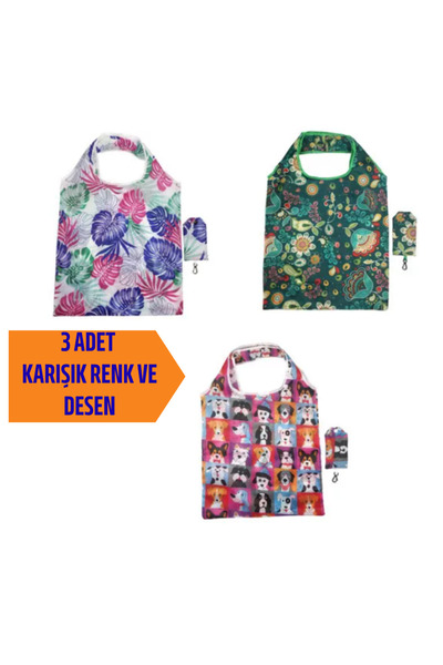 Vamma Home Çantalı Katlanabilir Suya Dayanıklı Leke Tutmaz Alışveriş Torbası / Poşeti / Çantası 3 ADET