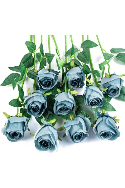 Slasa زهور ورد صناعية 10 قطع زرقاء من الحرير بساق طويلة 20.5×2.76 بوصة للديكور