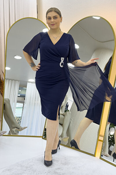 the ZKS Women's Half Sleeve Stone Detailed Midi Length Plus Size Evening Dress Black, Plum, Purple, Navy Blue