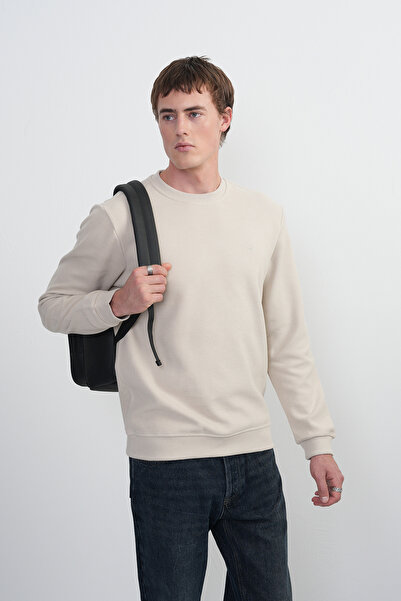 SILVANO Men's Crew Neck Basic Loose Cream Sweatshirt