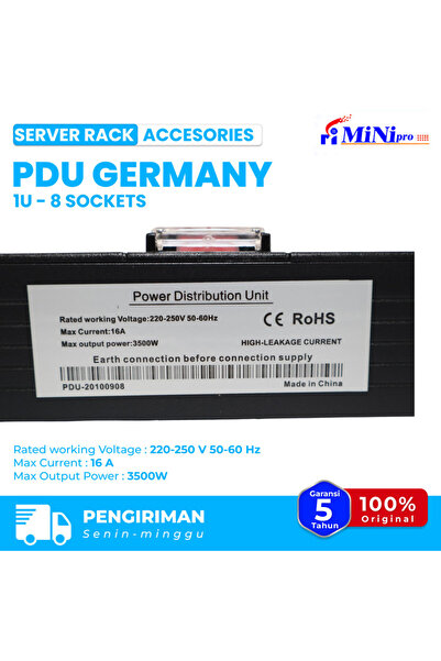 Mini pro شريط طاقة PDU ألمانيا 1U 8 مقابس | 19 بوصة مثبت على رف الخادم 220-250 فولت، 16 أمبير 1500 واط واقي من زيادة التيار