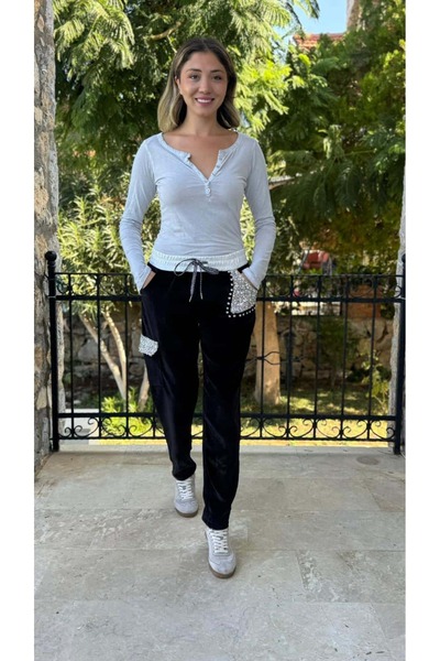 Punta Otantik Ls13220 Italian Pocket Stone Velvet Trousers Black