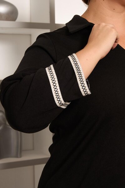 RMG Büyük Beden Kol Nakış Detay Örme Bluz Siyah