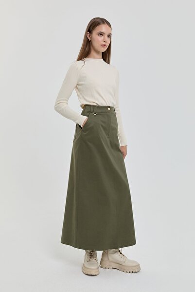 Nihan Dikiş Detaylı Etek Haki