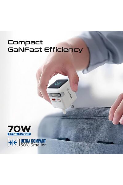Promate GaNFast Wall Charger 70W with Retractable 80cm USB-C Cable, USB-C PD 70W Port, USB-A 60W Por