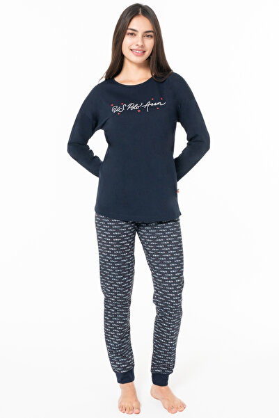U.S. Polo Assn. Kadın Lacivert Uzun Kollu Pijama Takımı – Baskılı Alt Üst Pamuklu Rahat Set