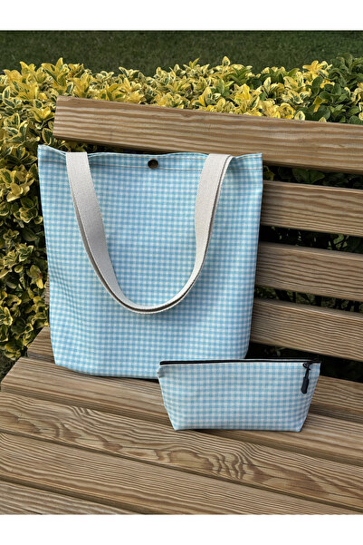 pamukcanta Mavi Pötikare Kanvas Bez Çanta& Makyaj Çantası Yıkanabilir Metal Ç...