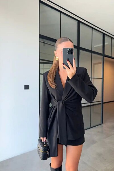 FMN Moda Comfortable Stylish Belted Lining Detail Brand Equivalent Mini Collar Pocket Cool Blazer Jacket