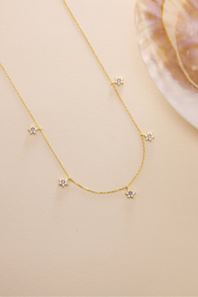 Nereze 925 Ayar Gümüş Gold Kaplama Mor Taşlı Minimal Çiçek Şans Kolye