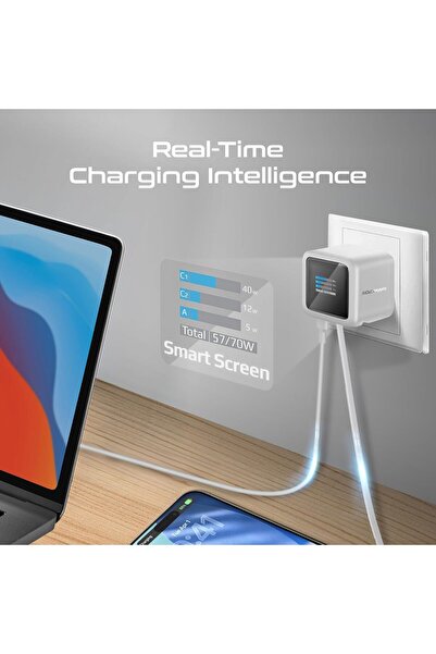 Promate شاحن حائط GaNFast بقوة 70 وات مع كابل USB-C قابل للسحب بطول 80 سم، ومنفذ USB-C PD بقوة 70 وات، ومنفذ USB-A بقوة 60 وات