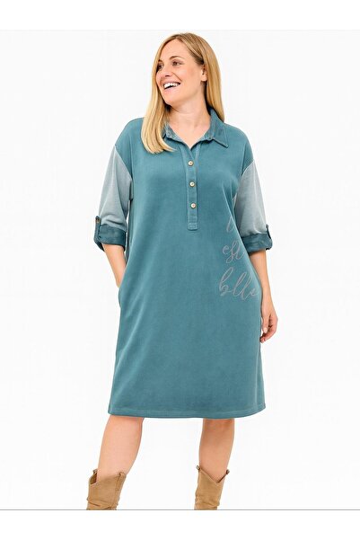 Hanımefendi Butik İtalyan Yazı Detaylı Nubuk Elbise - İNDİGO