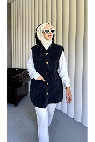 PİNK FLY Angora Hooded Women's Vest with Pockets