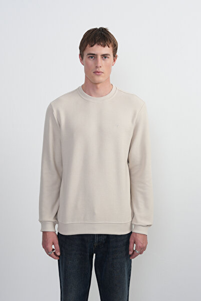 SILVANO Men's Crew Neck Basic Loose Cream Sweatshirt