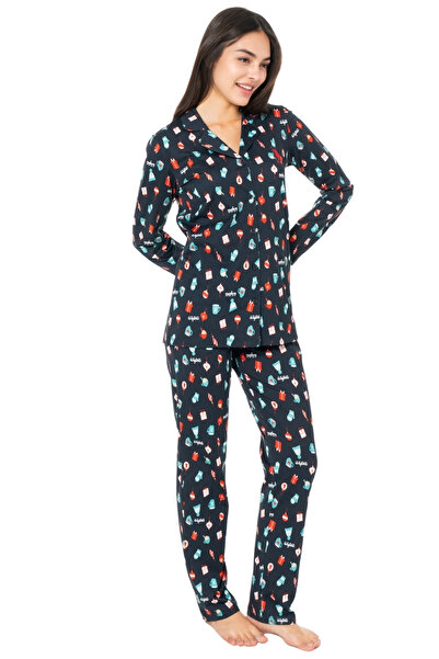 U.S. Polo Assn. Kadın Pijama Takımı – Uzun Kollu, Düğmeli, Desenli Rahat Ev ve Uyku Giyim