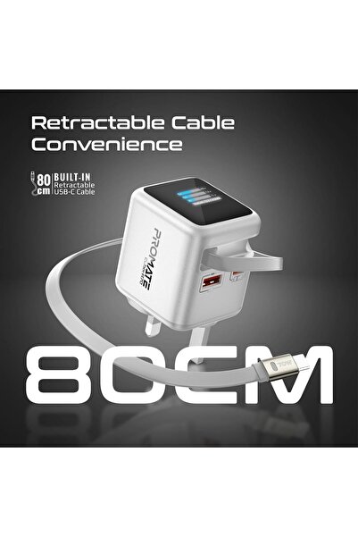 Promate GaNFast Wall Charger 70W with Retractable 80cm USB-C Cable, USB-C PD 70W Port, USB-A 60W Por