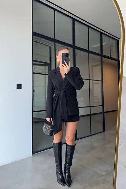 FMN Moda Comfortable Stylish Belted Lining Detail Brand Equivalent Mini Collar Pocket Cool Blazer Jacket