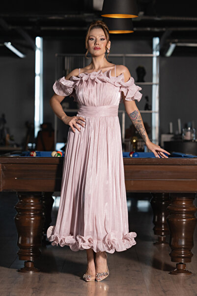 Abiyefon Pudra Fırfırlı Kayık Yaka Midi Şifon Davet Elbisesi ABK2425