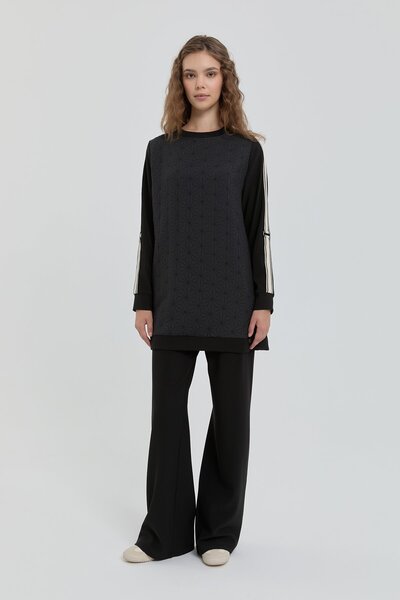 Nihan İnce Kapitone Garnili Örme Pantolon Tunik Takım Siyah