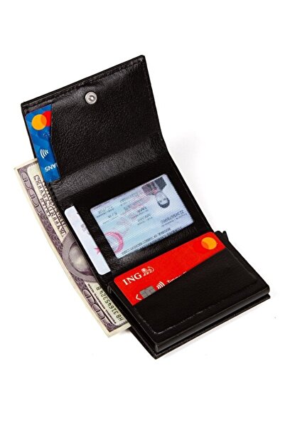 AVCA Men's Vegan Leather Black Cash Money Compartment Sliding Mechanism Wallet Card Holder