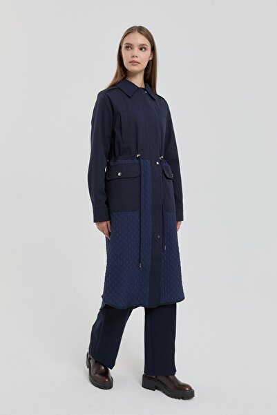 Nihan İnce Kapitone Garnili Beli Büzgülü Kap Lacivert