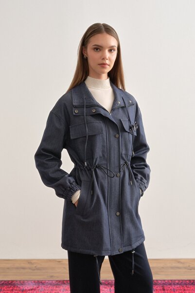 Nihan Aksesuar Detaylı Beli Büzgülü Ceket İndigo