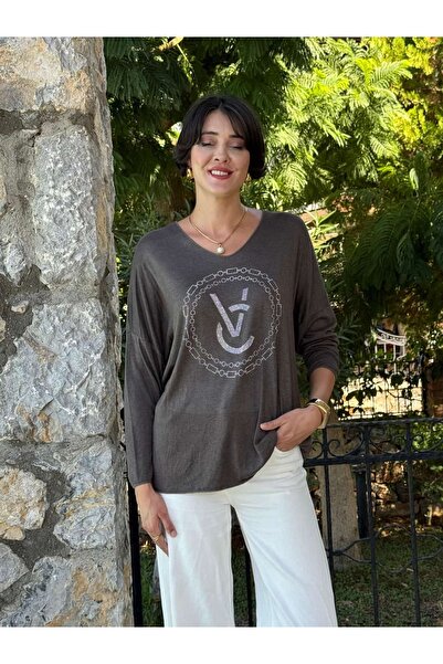 Punta Otantik LS82681 Ιταλική πλεκτή μπλούζα με στάμπα πέτρας καφέ