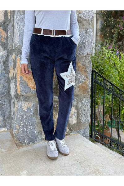 Punta Otantik Ls12520 Italian Pocket Stone Velvet Trousers Navy Blue