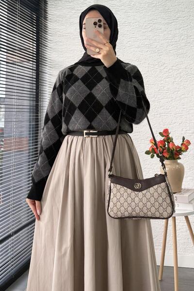 MELEK ARAZ Pulover scurt pentru femei cu model Baklava - Albastru închis