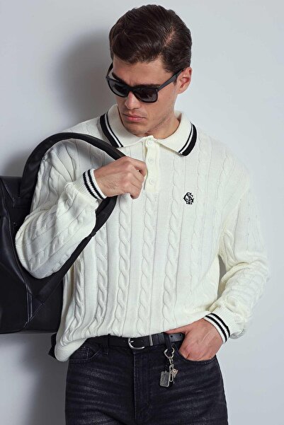 ablukaonline Men's Oversize Polo Neck Knitted Patterned Sweater Ecru