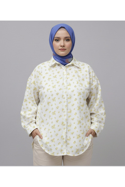 VELUNA BUTİK Kadın Oversize Basic Tesettür Gömlek - Sarı Desenli Premium Casual Style
