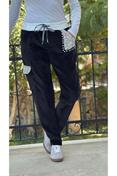 Punta Otantik Ls13220 Italian Pocket Stone Velvet Trousers Black