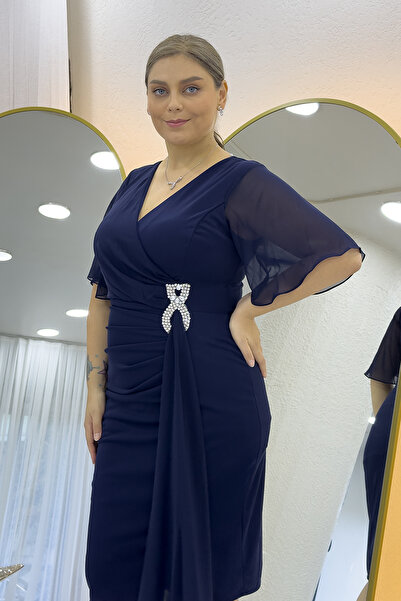 the ZKS Women's Half Sleeve Stone Detailed Midi Length Plus Size Evening Dress Black, Plum, Purple, Navy Blue