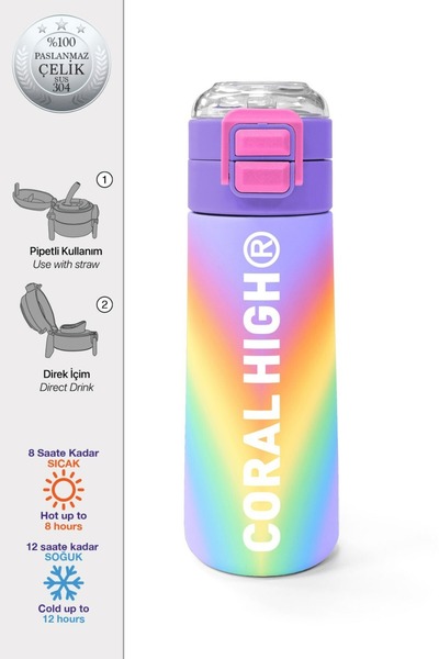 Coral High Kids Renk Geçişli Desenli Pipetli ve Direkt İçim Çelik Termos 500 ...