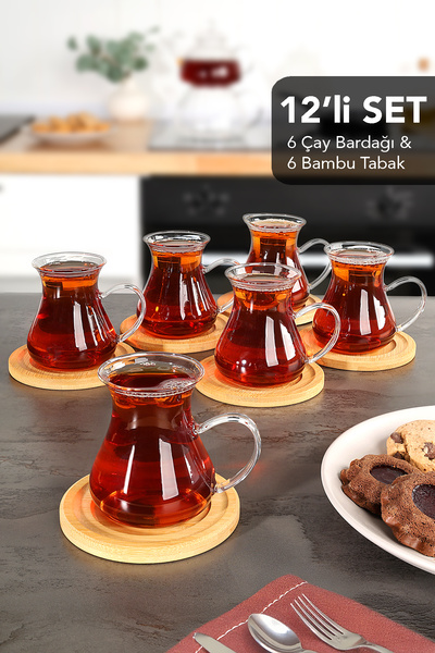 Meleni Home 12 Parça Borosilikat Cam Tombul Çay Bardağı Seti - Bambu Bardak A...