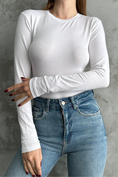 macharel jeans Λευκό μπλουζάκι με λαιμόκοψη με μακρύ μανίκι