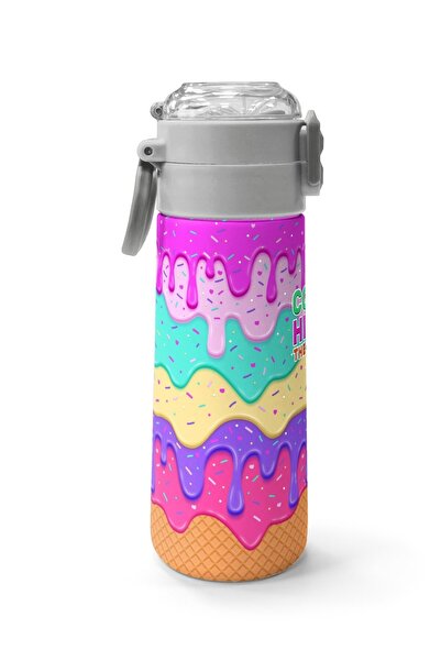 Coral High Kids Pink Colorful Ice Cream Patterned Straw and Direct Drinking Steel Thermos 500 ml 31938