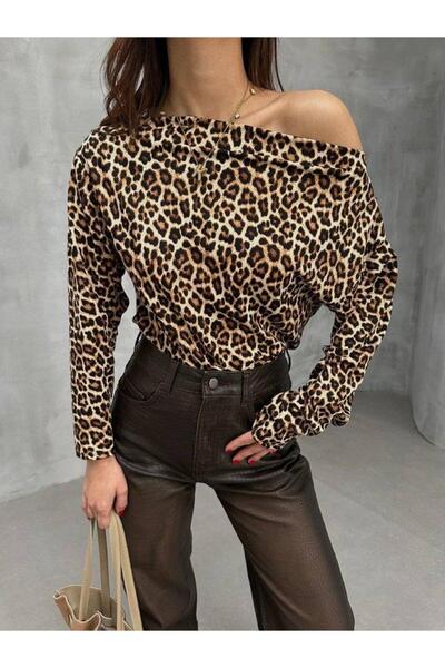 BYHAN Bluză de damă cu imprimeu leopard cu umăr dezactivat