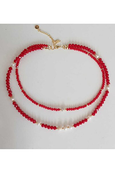 shop Freshwater Pearl & Red Crystal Beads 2 Rows Design Necklace