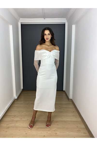 gökkuşagı moda Beyaz Kayık Yaka Midi Uzun Kollu Arka Yırtmaç Detaylı Abiye Elbise