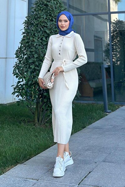 Hazamoda Rochie din tricotaje Ecru Madonna