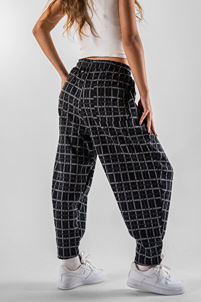 Superbluemexico Women's Jacquard Plaid Patterned Pleated Baggy Trousers