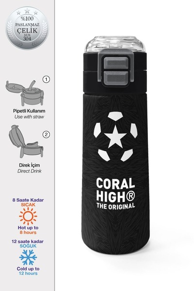 Coral High Kids Black Football Patterned Steel Thermos with Straw and Direct Drinking 500 ml 31898