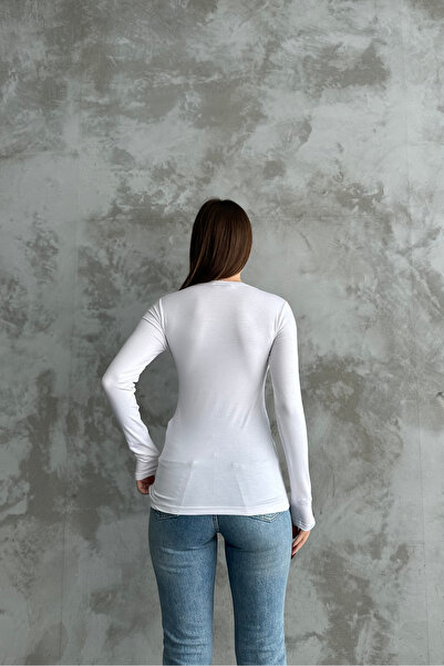 macharel jeans Λευκό μπλουζάκι με λαιμόκοψη με μακρύ μανίκι